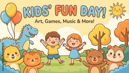 Colorful cartoon children playing together on a sunny day.