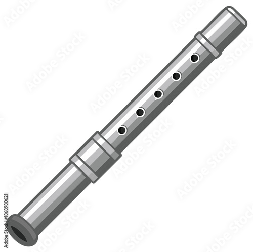 Detailed vector illustration of a classic silver recorder wind instrument for music education