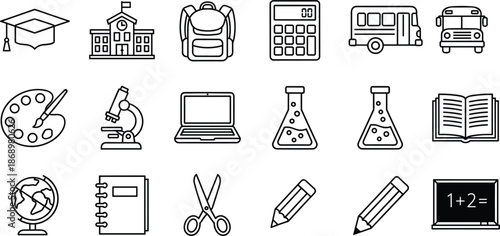 School icons set including backpack book bus globe calculator and science equipment for education learning and back to school,