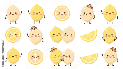 Cute cartoon lemons with different facial expressions and accessories.