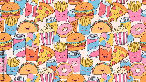 Colorful cartoon fast food pattern with smiling faces.