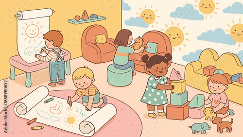 Children Engaged in Creative Play and Art Activities in a Cozy Room.