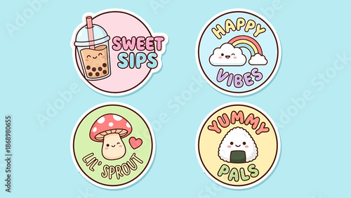 Colorful cartoon stickers with cute food and cloud designs.