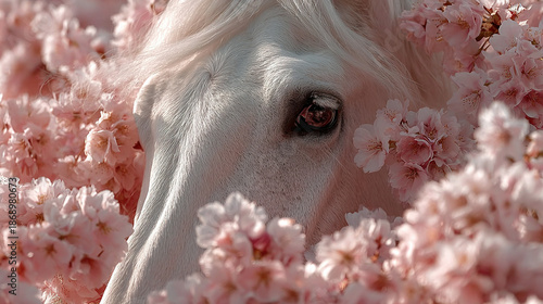 White horse surrounded by pink cherry blossoms in a serene setting.