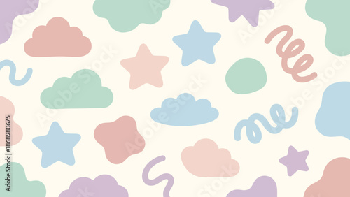 Pastel colored clouds, stars, and squiggles on a cream background, whimsical pattern.