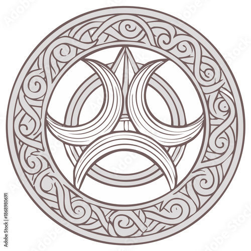 Mystical Celtic inspired circular emblem featuring ornate knot patterns and triple crescent moon symbol