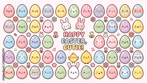 Colorful Easter eggs and bunnies in a playful pattern.