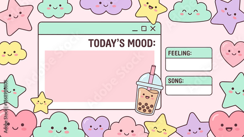 Cute Cartoon Mood Tracker with Boba Tea and Emotive Elements.
