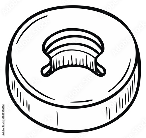 Hand drawn black and white illustration of a button like object with a stylized shell ornament design