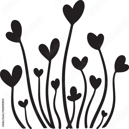 Black hearts on stems isolated on white background