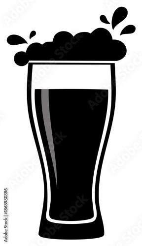 Silhouette of a pint glass filled with dark beer, foam, and bubbles, vector illustration.