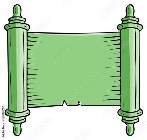 Cartoon illustration of a vintage green scroll with blank parchment for text or message