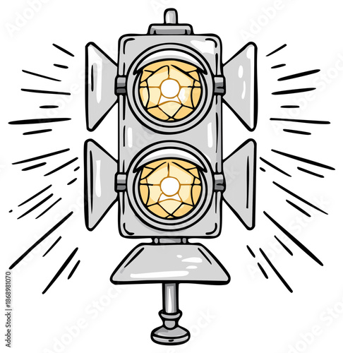 A retro railroad crossing signal with two glowing yellow lights hand drawn illustration