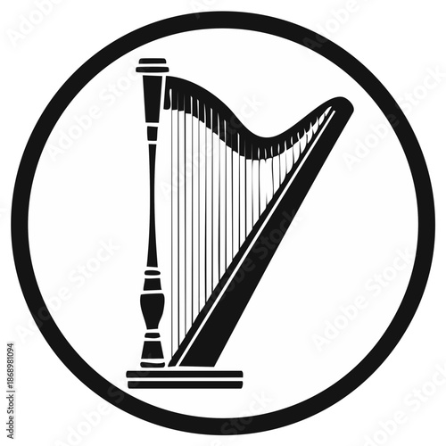 Vector illustration of harp instrument within circle graphic style for musical theme