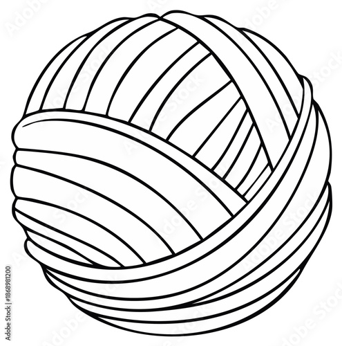 Simple black and white line art illustration of a round ball of yarn for crafting