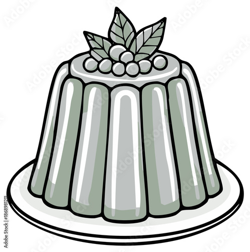 Classic molded jelly pudding with fruit and leaf garnish vector illustration