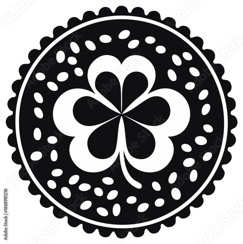 Elegant circular emblem featuring a three-leaf clover, embodying Irish culture, symbolism, and good luck for Saint Patrick's Day.