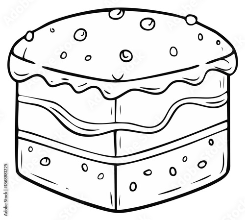 Outline cartoon drawing of a layered frosted cake with sprinkles ideal for coloring books