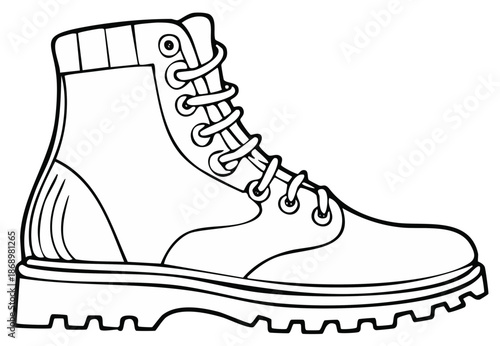 Detailed line art illustration of a rugged outdoor hiking boot with laces and a sturdy sole