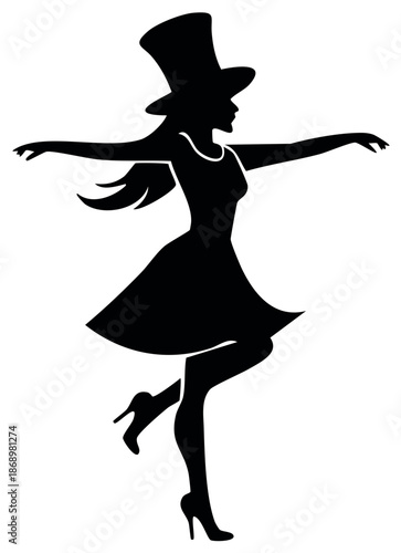 Dancing woman silhouette with top hat and dress