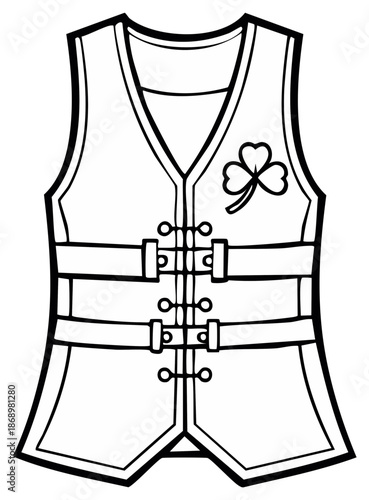 Outlined cartoon illustration of a traditional Irish vest with a shamrock emblem.