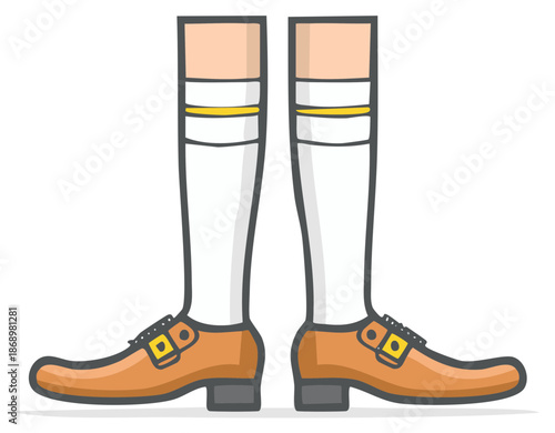 Illustration of brown shoes with buckles and white socks with stripes cartoon style