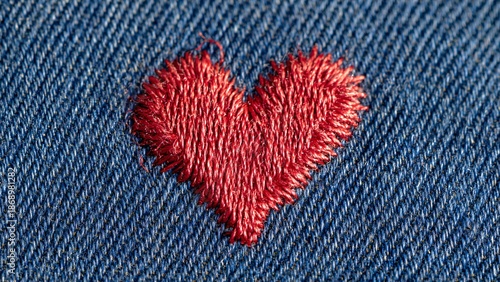 Embroidered Red Heart Patch on Blue Denim Texture | Macro Fashion Detail & Sewing Craft | Premium Textile Background