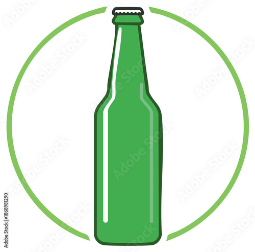 Vector Icon of a Green Glass Beer or Soda Bottle in a Circular Frame