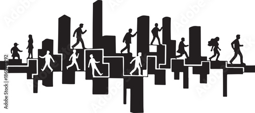 Silhouettes of people running across city skyline at night