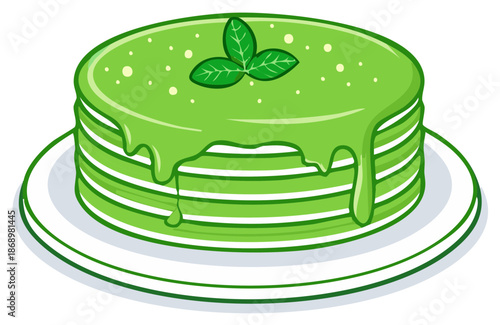 Green cake dessert with mint leaves on a white plate