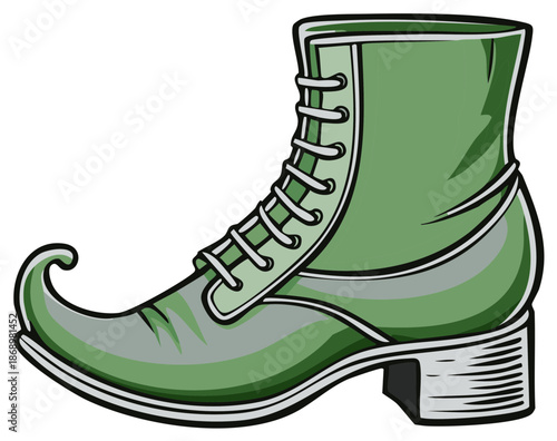 Whimsical Green Elf Boot with a Pointed Curled Toe and Laces Cartoon Illustration