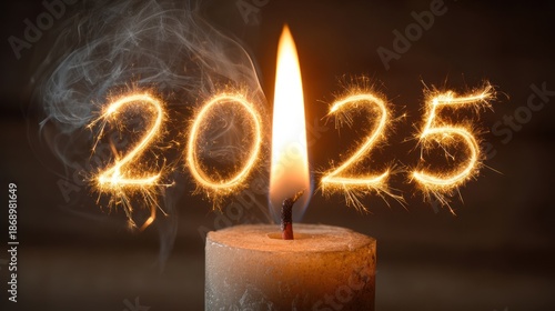 New Year Candle with Sparkler Numbers Celebrating 2025 in Warm Lighting