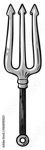 Hand drawn stylized trident with three sharp metal prongs and dark handle representing power and ocean mythology