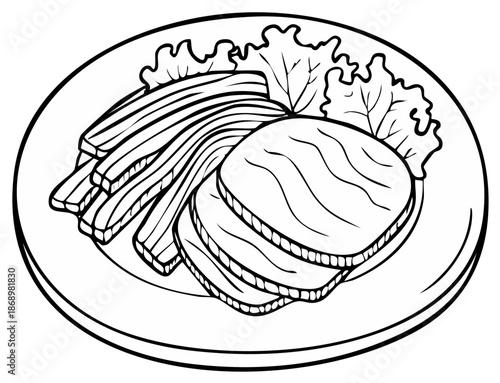 Plate of food with vegetables, sliced meat, and fries illustration