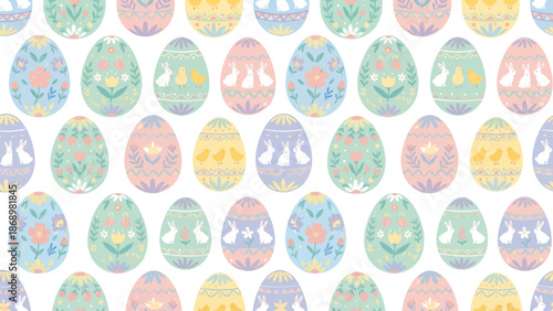 Colorful Easter Eggs Pattern with Floral and Geometric Designs.