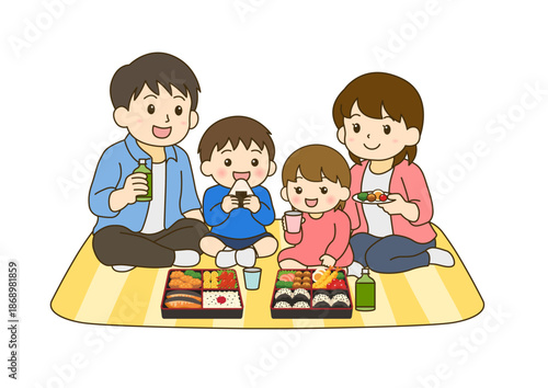 お弁当を食べてピクニックを楽しむ4人家族のイラスト
