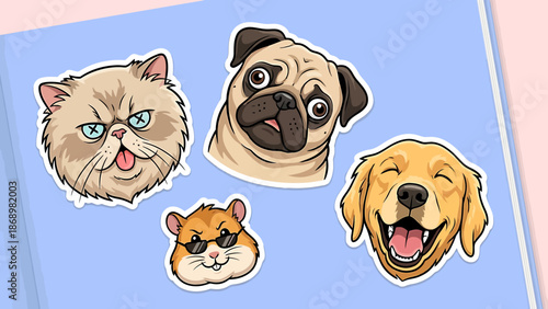 Cartoon animal faces on a blue background with various expressions.
