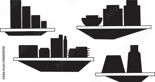 Black and white cityscape shelves with various objects