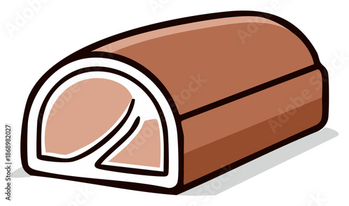 Illustration of a simple, stylized brown Swiss roll cake with a cream filling