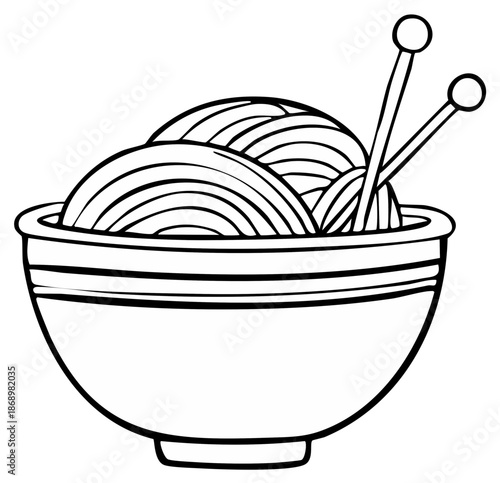 Hand drawn illustration of a bowl filled with yarn and knitting needles