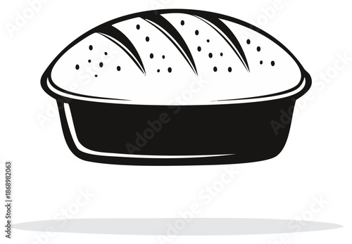 Monochrome vector graphic of a homemade bread loaf in a baking pan simple icon