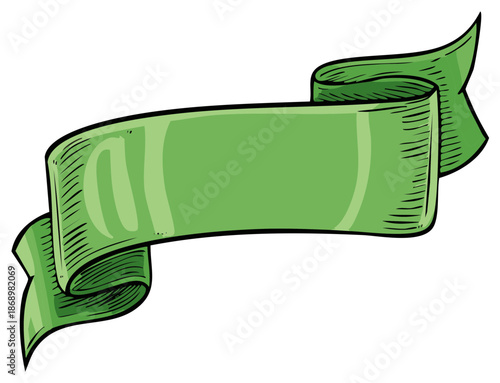 Green Ribbon Banner Vector Graphic, Hand-Drawn Style, Blank Text Area, Illustration, Isolated Object, Decorative Element