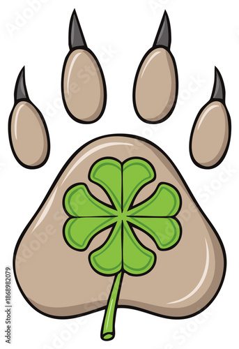 Lucky Paw Print with Four Leaf Clover Illustration