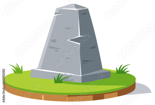 Cartoon Stone Monument Illustration with Green Grass and Soil Platform Graphic