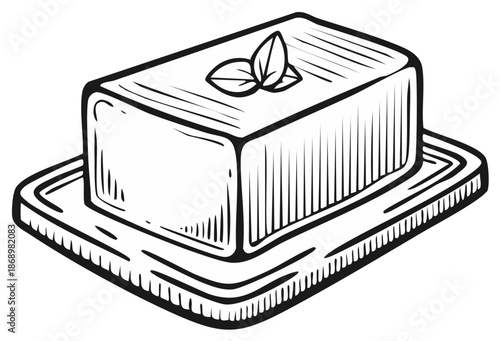 Hand drawn butter dish with three green leaves on top, black and white line art