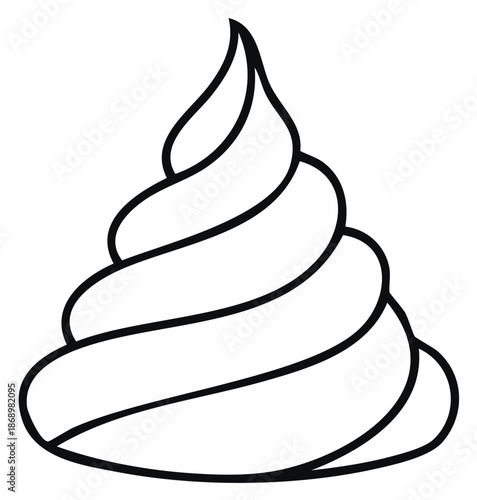 Cartoon poop emoji or whipped cream swirl black and white line art icon