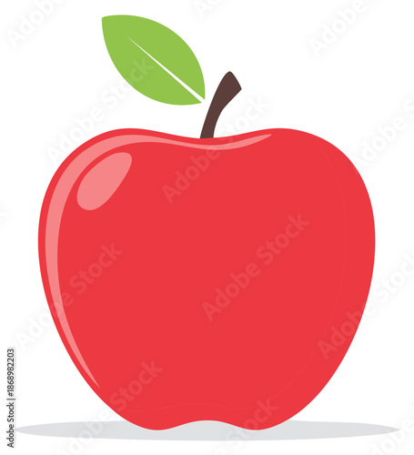 Vibrant red apple fruit with green leaf and brown stem simple vector illustration