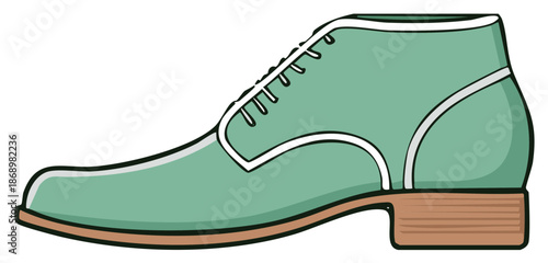 Retro style light green leather shoe with laces and wooden heel in flat cartoon style for fashion and apparel concepts
