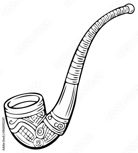Ornate antique smoking pipe with decorative patterns line art illustration