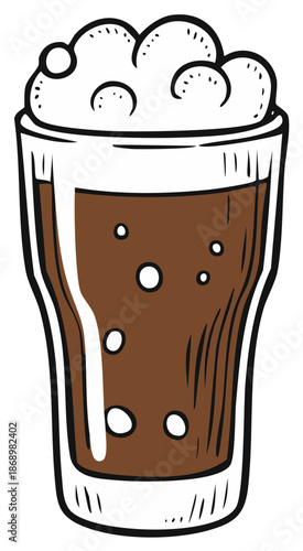 Cartoon drawing of a beer or soda glass with foam on top. Beverage art in illustration style.